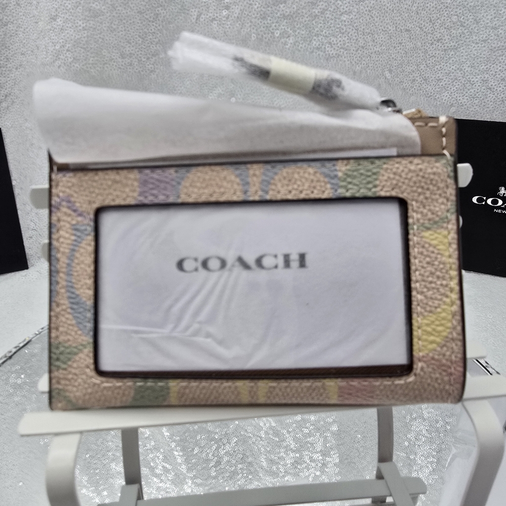 Coach Mini Skinny ID Credit Card Case Pastel Rainbow Signature Canvas Key Ring - Picture 2 of 9